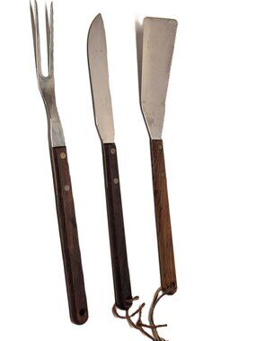 Utica Super Edge USA BBQ Grilling Set Knife Fork Flipper Spatula Wood Handles